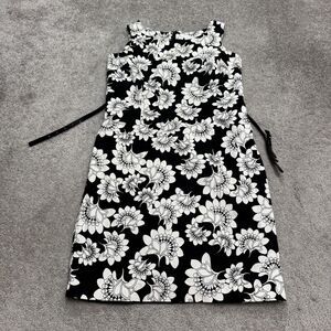 Charter Club Floral Belted Midi Sheath Dress Womens 14 Black White Sleeveless